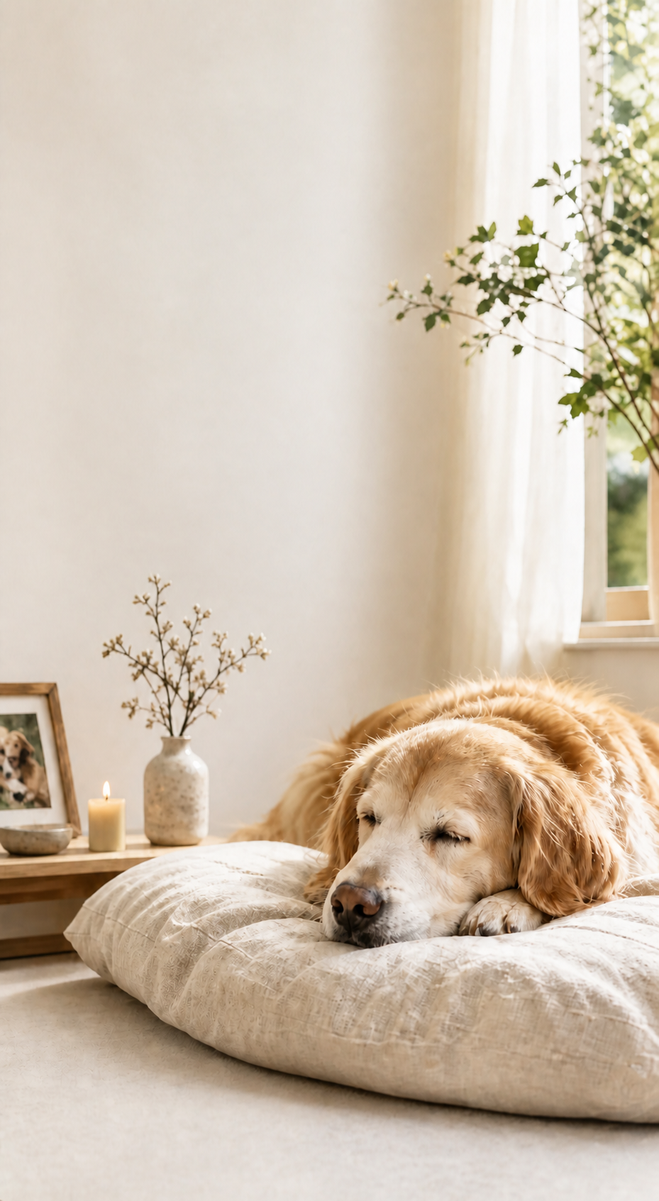 安靜休息中的年長金毛犬，旁邊有燭光與紀念相框
